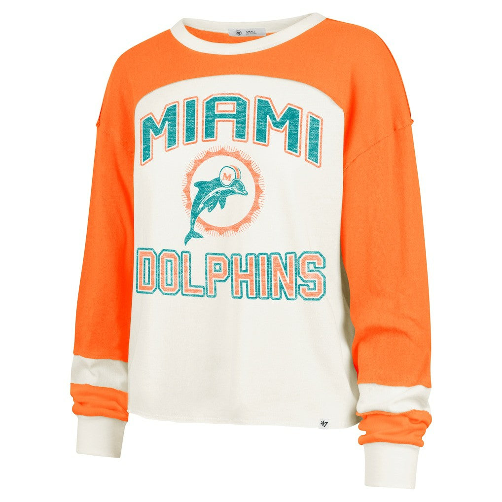 '47 Women's Double Header Curve Raglan Long Sleeve Crop Top - Miami Dolphins