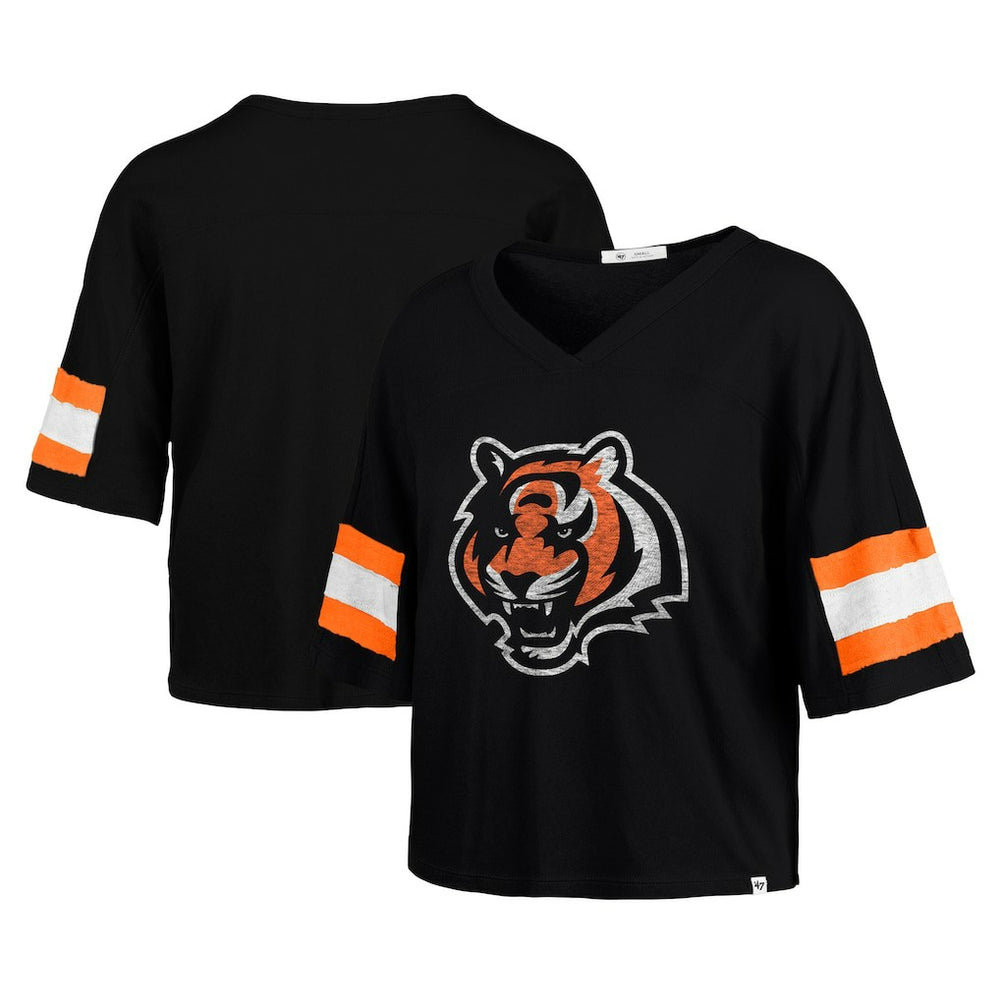 '47 Women's Double Header Scout Cropped V-Neck T-Shirt - Cincinnati Bengals