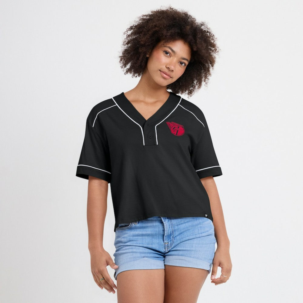 MLB Cleveland Guardians Fanatics Women's Oversized Champ Game Cropped  V-Neck T-Shirt