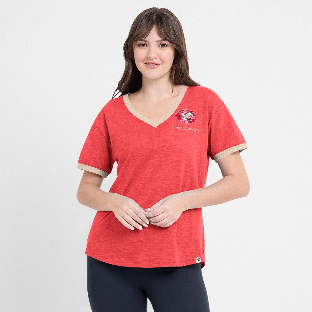 MLB Cincinnati Reds Fanatics Women's Binge Worthy Stadium Slub V-Neck T-Shirt