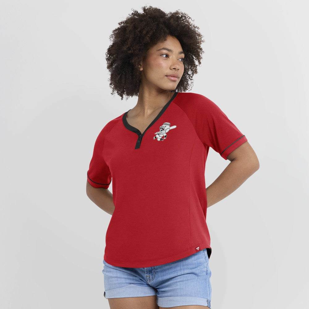 MLB Cincinnati Reds Fanatics Women's Cooperstown Collection League Diva Raglan V-Neck T-Shirt