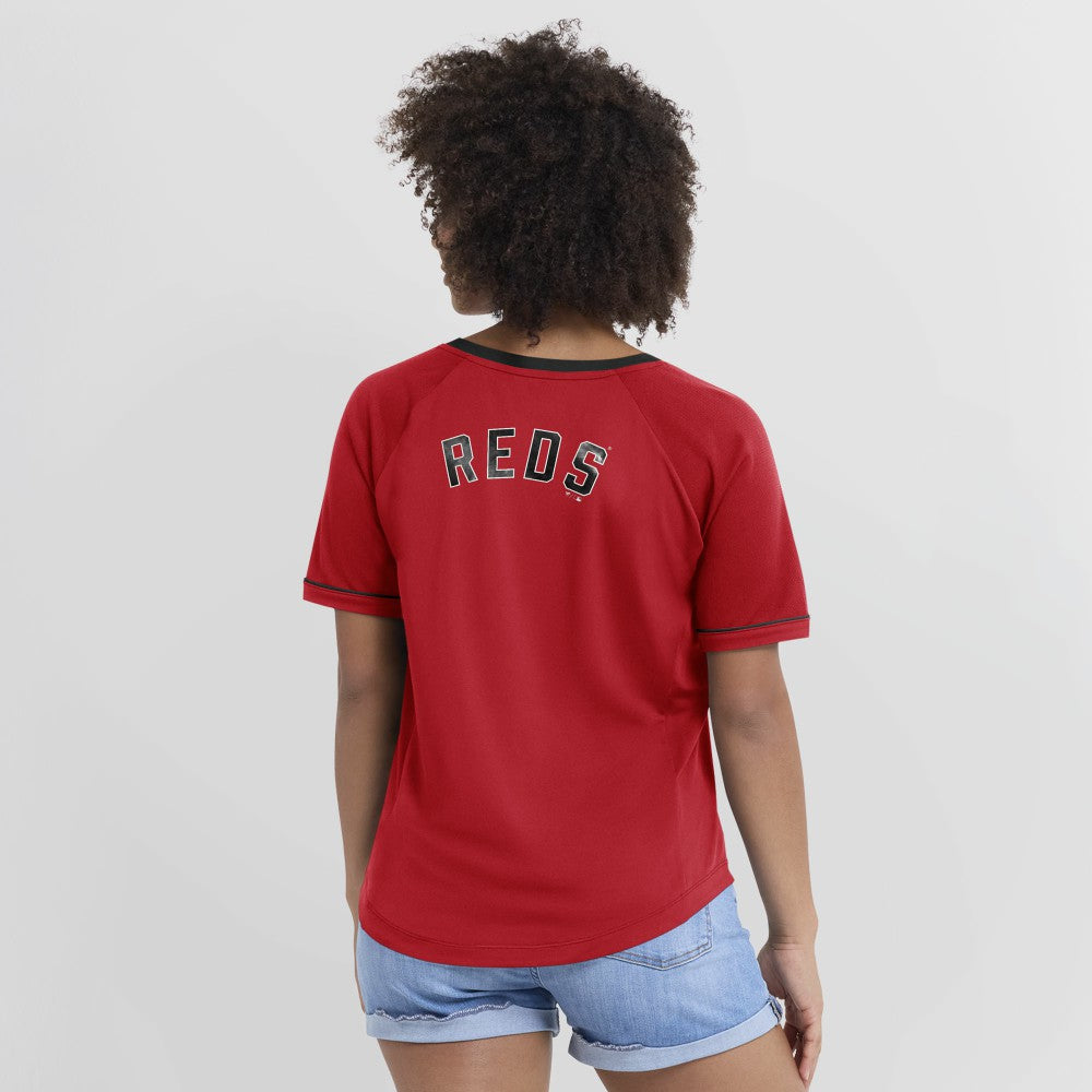 MLB Cincinnati Reds Fanatics Women's Cooperstown Collection League Diva Raglan V-Neck T-Shirt