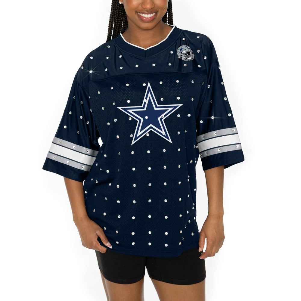 Gameday Couture Women's Kickoff Time Allover Rhinestone Sports Stripe Jersey V-Neck T-Shirt - Dallas Cowboys