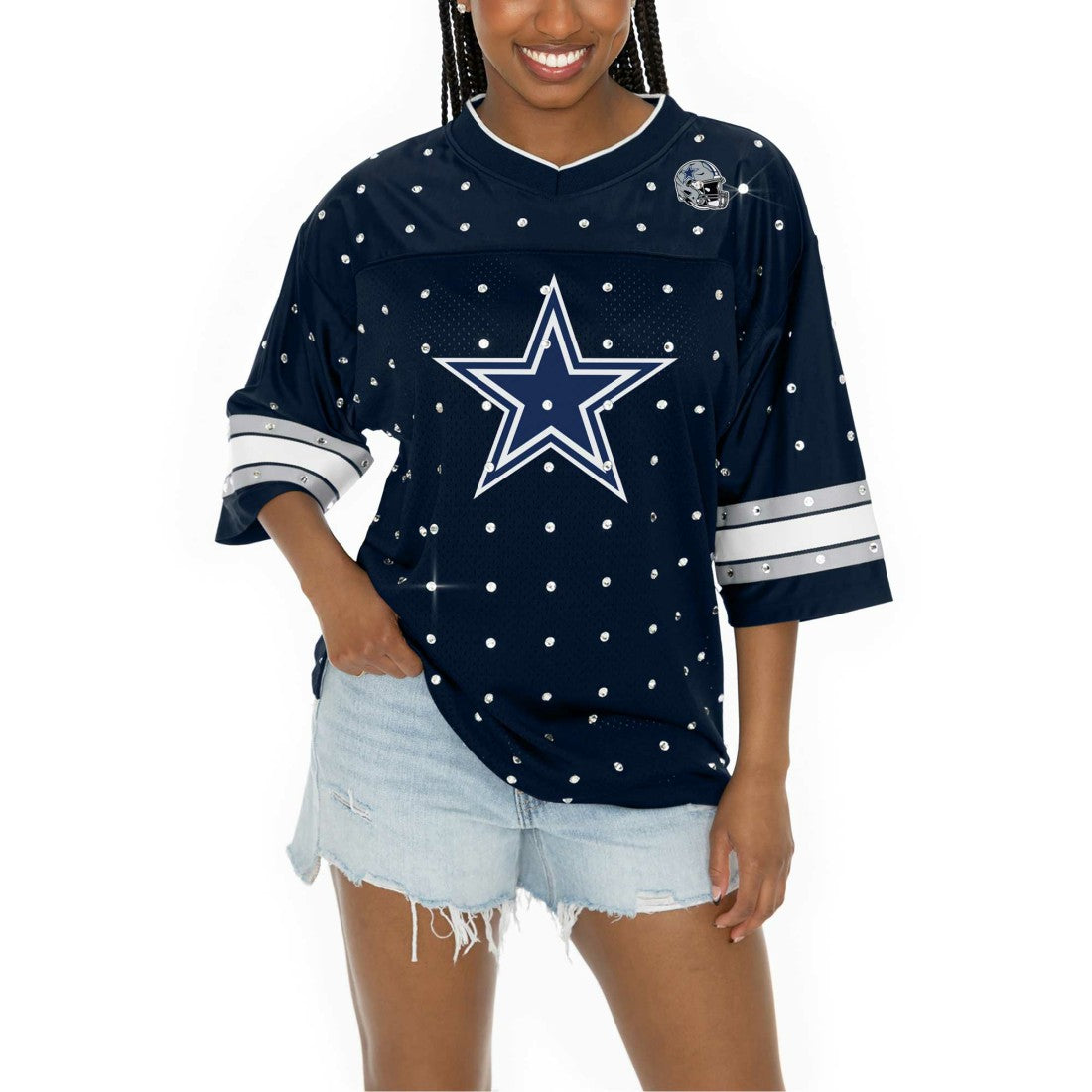 Gameday Couture Women's Kickoff Time Allover Rhinestone Sports Stripe Jersey V-Neck T-Shirt - Dallas Cowboys