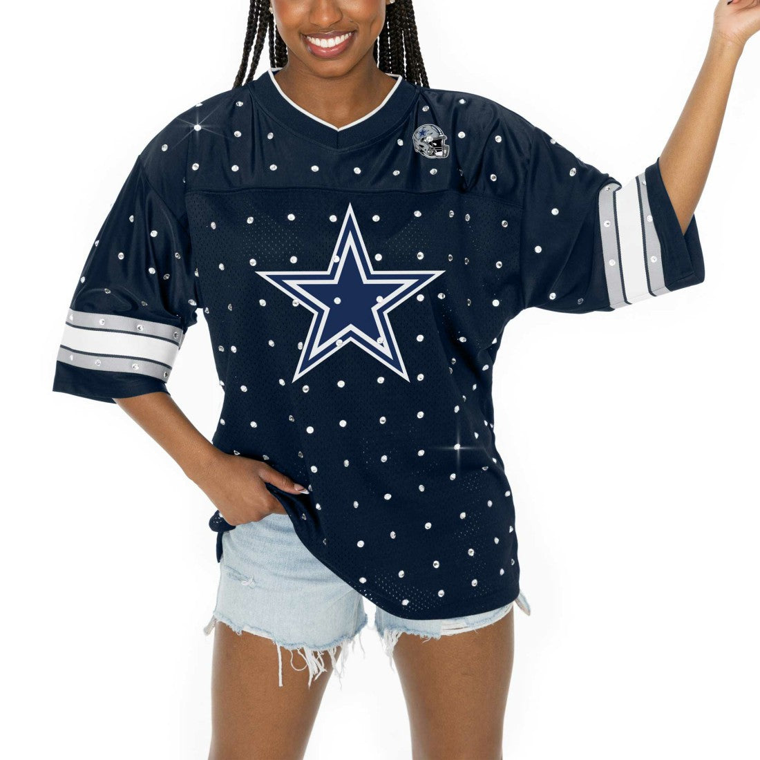 Gameday Couture Women's Kickoff Time Allover Rhinestone Sports Stripe Jersey V-Neck T-Shirt - Dallas Cowboys