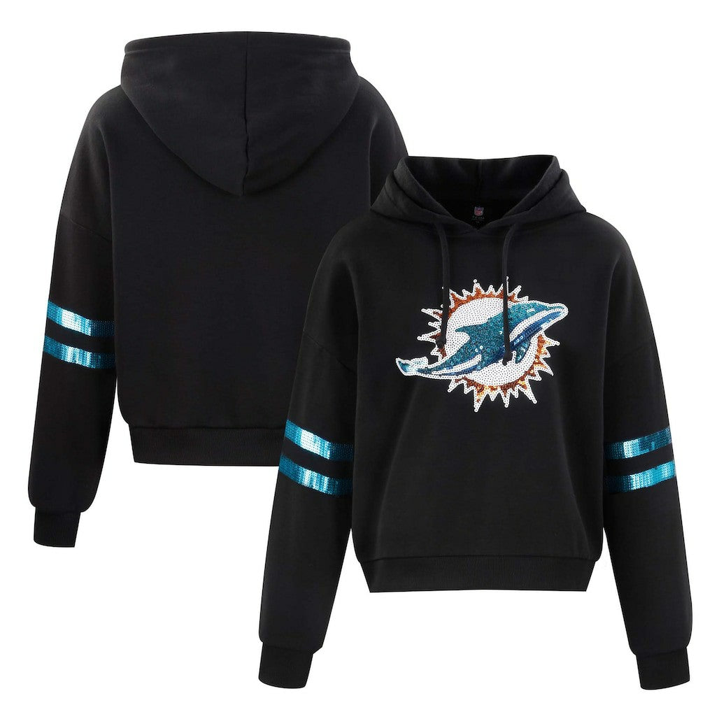 Cuce Women's Cropped Sequins Pullover Hoodie - Miami Dolphins