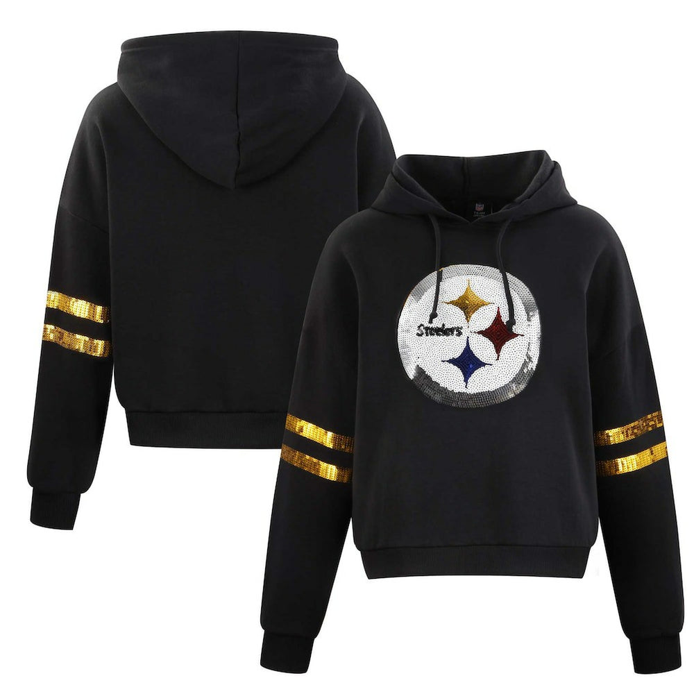 Cuce Women's Cropped Sequins Pullover Hoodie - Pittsburgh Steelers