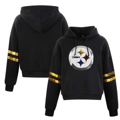 Cuce Women's Cropped Sequins Pullover Hoodie - Pittsburgh Steelers