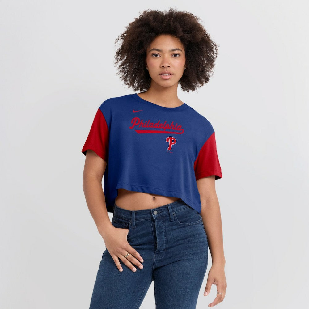 MLB Philadelphia Phillies Nike Women's Script Dri-FIT Cropped T-Shirt