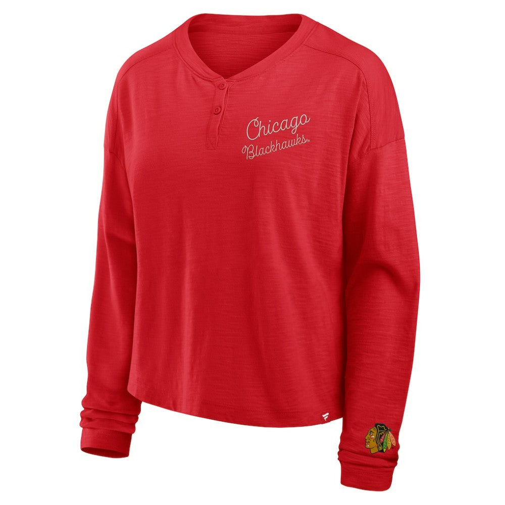 NHL Red Chicago Blackhawks Fanatics Women's Oversized All Out Effort Long Sleeve Henley T-Shirt