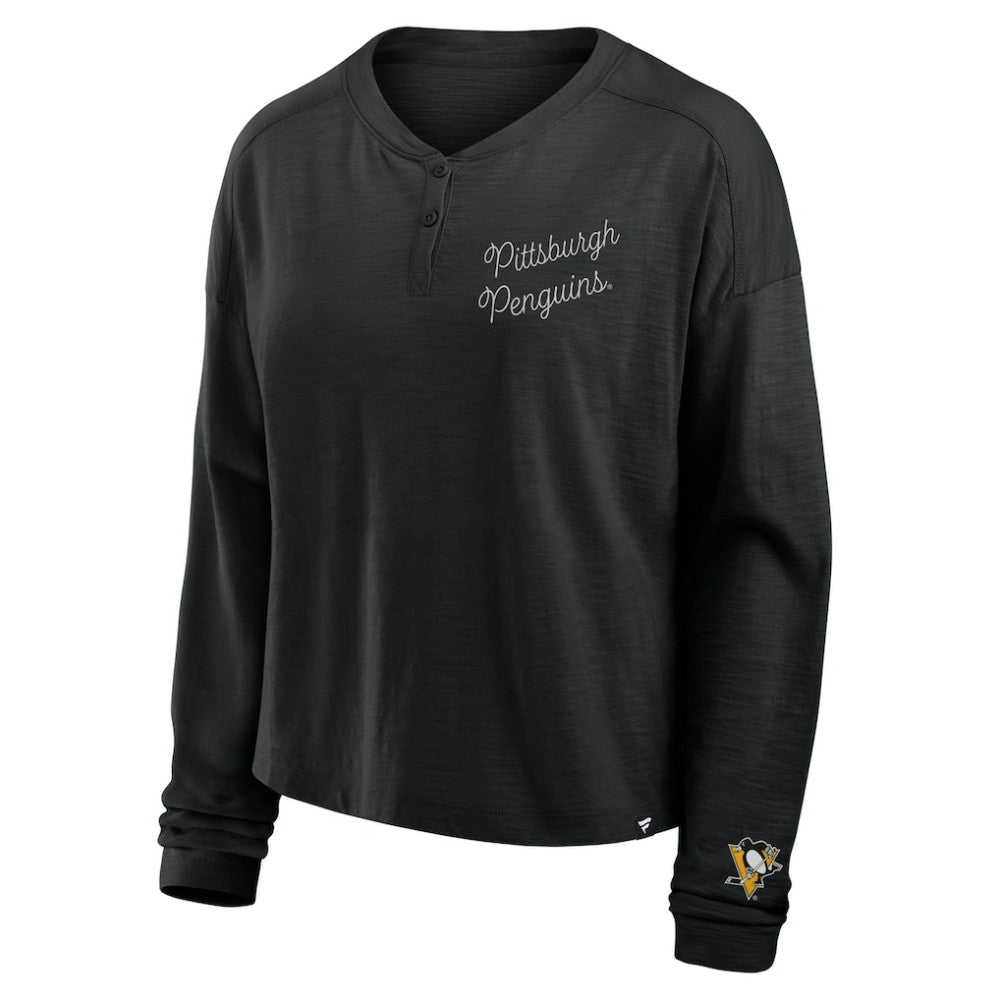 NHL Black Pittsburgh Penguins Fanatics Women's Oversized All Out Effort Long Sleeve Henley T-Shirt