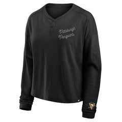 NHL Black Pittsburgh Penguins Fanatics Women's Oversized All Out Effort Long Sleeve Henley T-Shirt