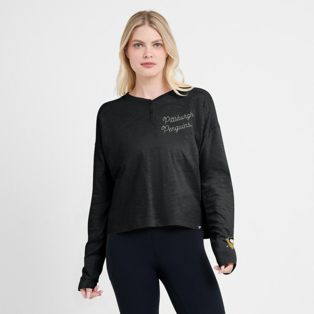 NHL Black Pittsburgh Penguins Fanatics Women's Oversized All Out Effort Long Sleeve Henley T-Shirt