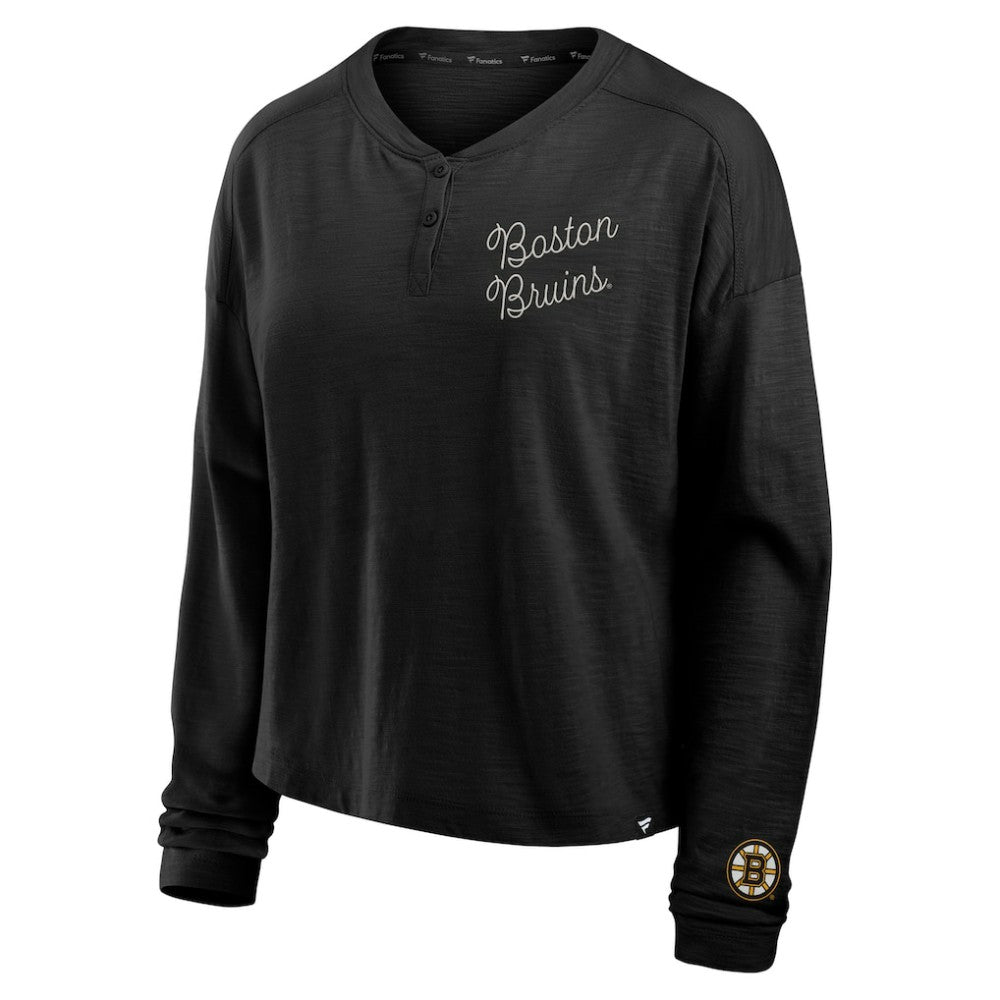 NHL Black Boston Bruins Fanatics Women's Oversized All Out Effort Long Sleeve Henley T-Shirt
