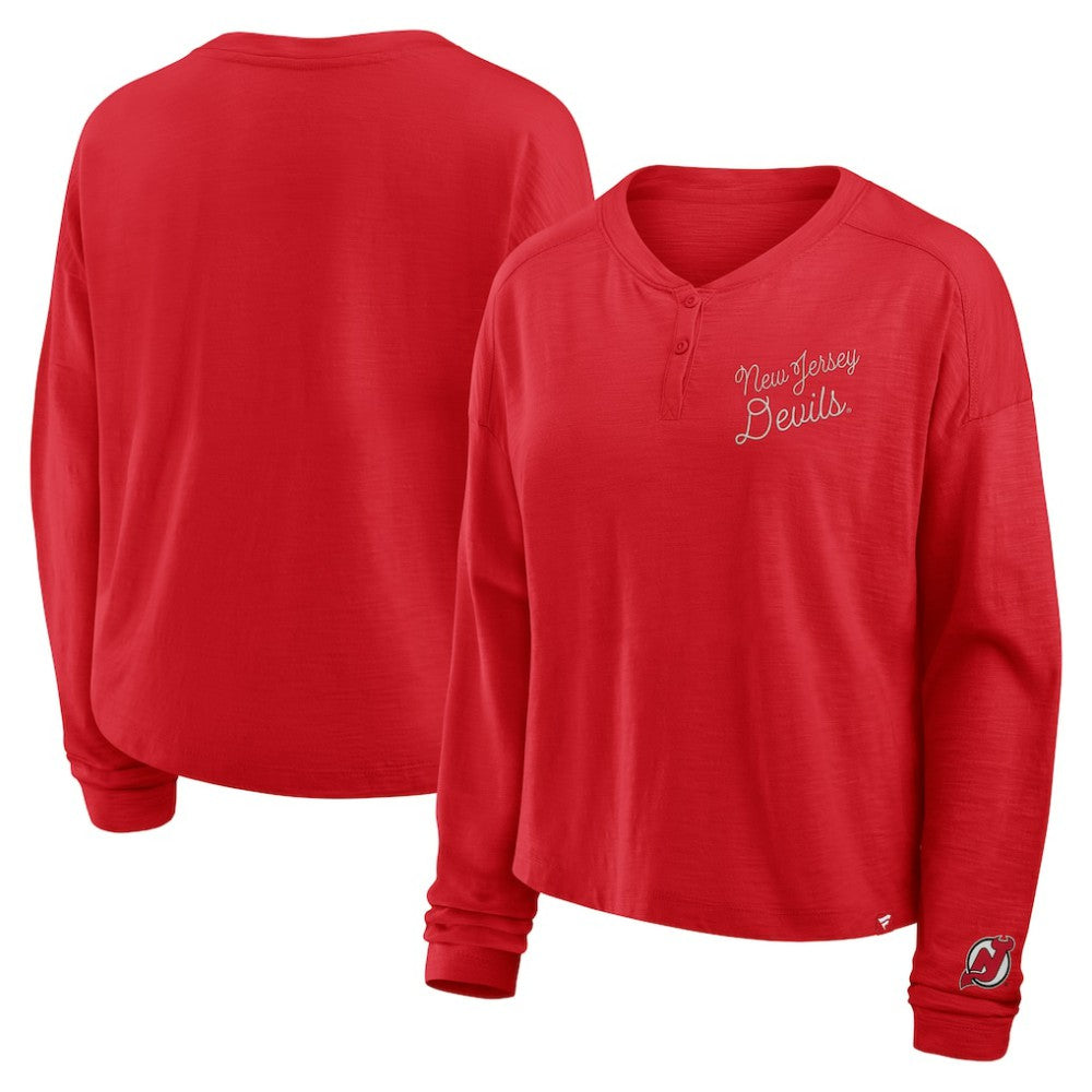 NHL Red New Jersey Devils Fanatics Women's Oversized All Out Effort Long Sleeve Henley T-Shirt