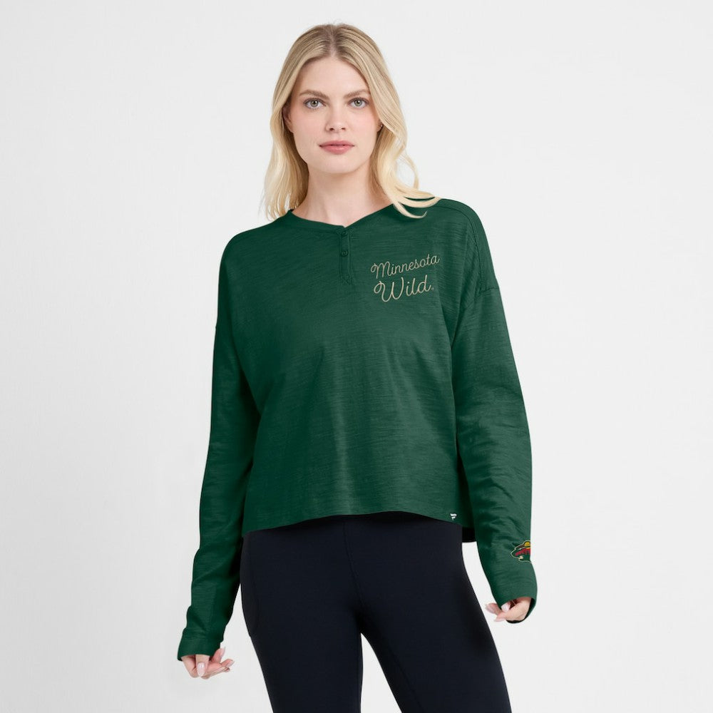 NHL Green Minnesota Wild Fanatics Women's Oversized All Out Effort Long Sleeve Henley T-Shirt