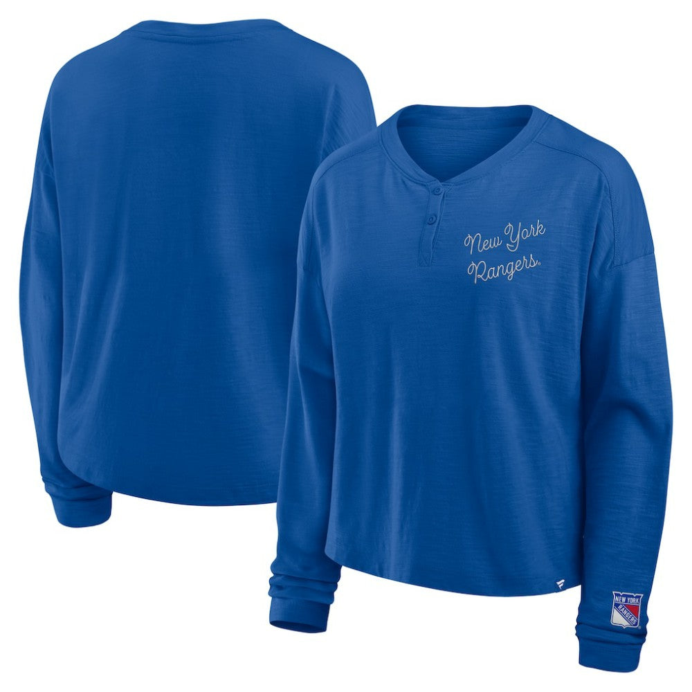 NHL Blue New York Rangers Fanatics Women's Oversized All Out Effort Long Sleeve Henley T-Shirt