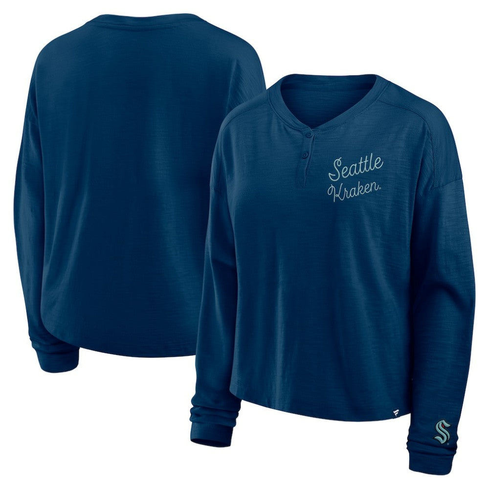 NHL Deep Sea Blue Seattle Kraken Fanatics Women's Oversized All Out Effort Long Sleeve Henley T-Shirt