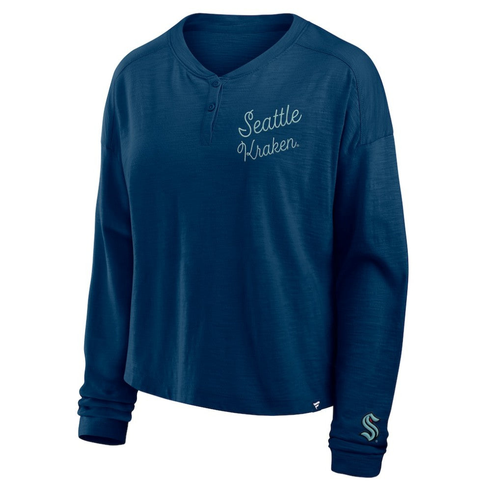NHL Deep Sea Blue Seattle Kraken Fanatics Women's Oversized All Out Effort Long Sleeve Henley T-Shirt