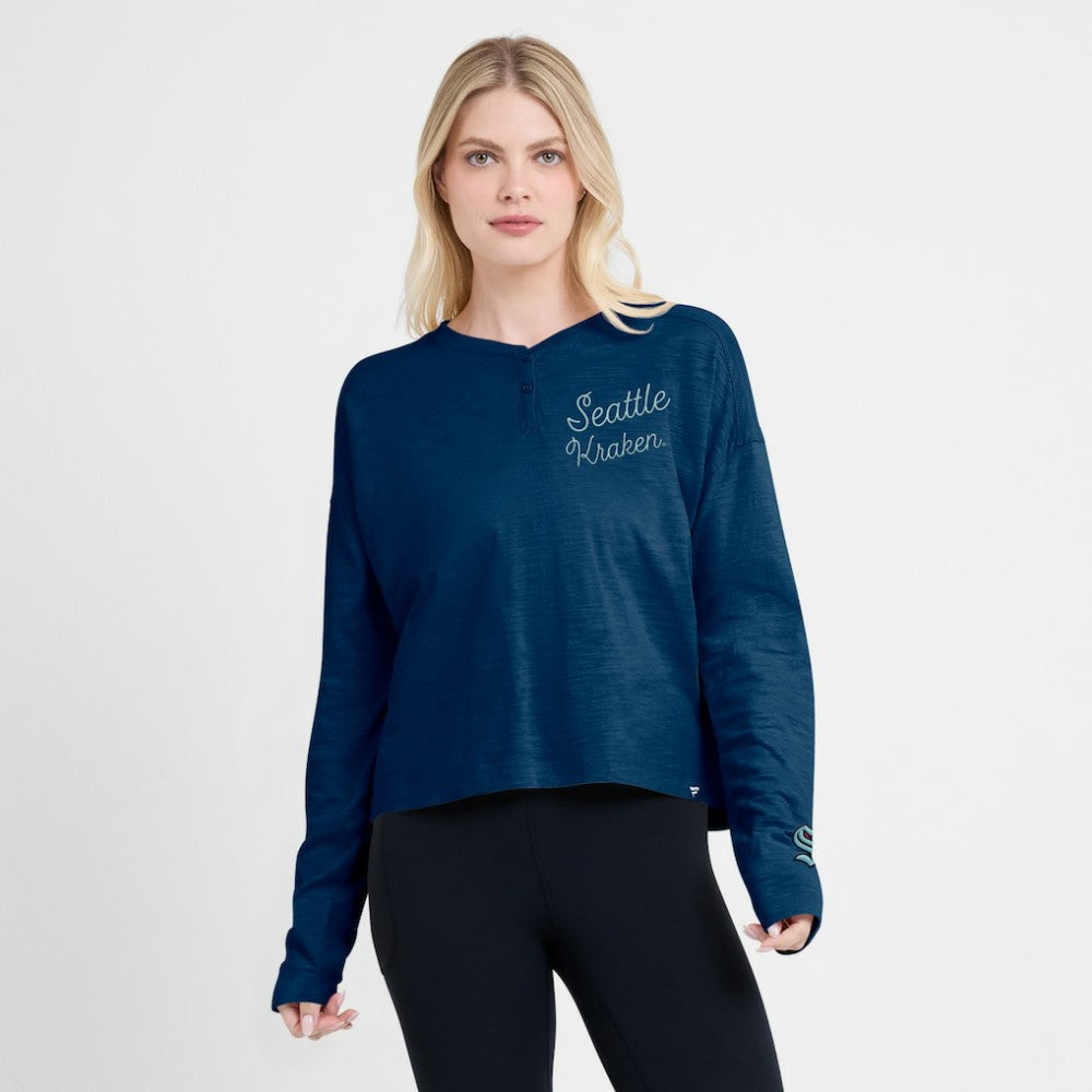 NHL Deep Sea Blue Seattle Kraken Fanatics Women's Oversized All Out Effort Long Sleeve Henley T-Shirt