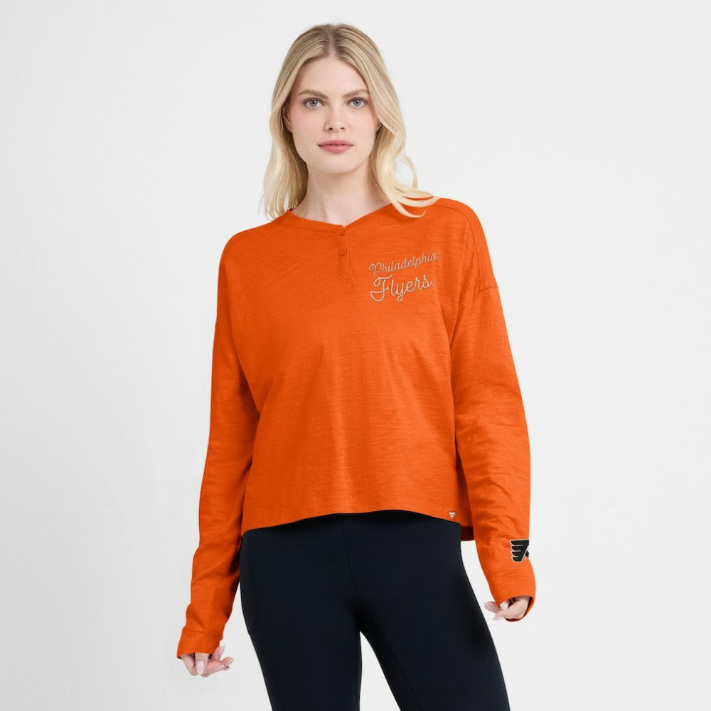 NHL Orange Philadelphia Flyers Fanatics Women's Oversized All Out Effort Long Sleeve Henley T-Shirt