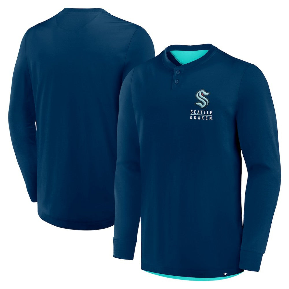 NHL Deep Sea Blue Seattle Kraken Fanatics Adrenaline Push Long Sleeve Henley Shirt