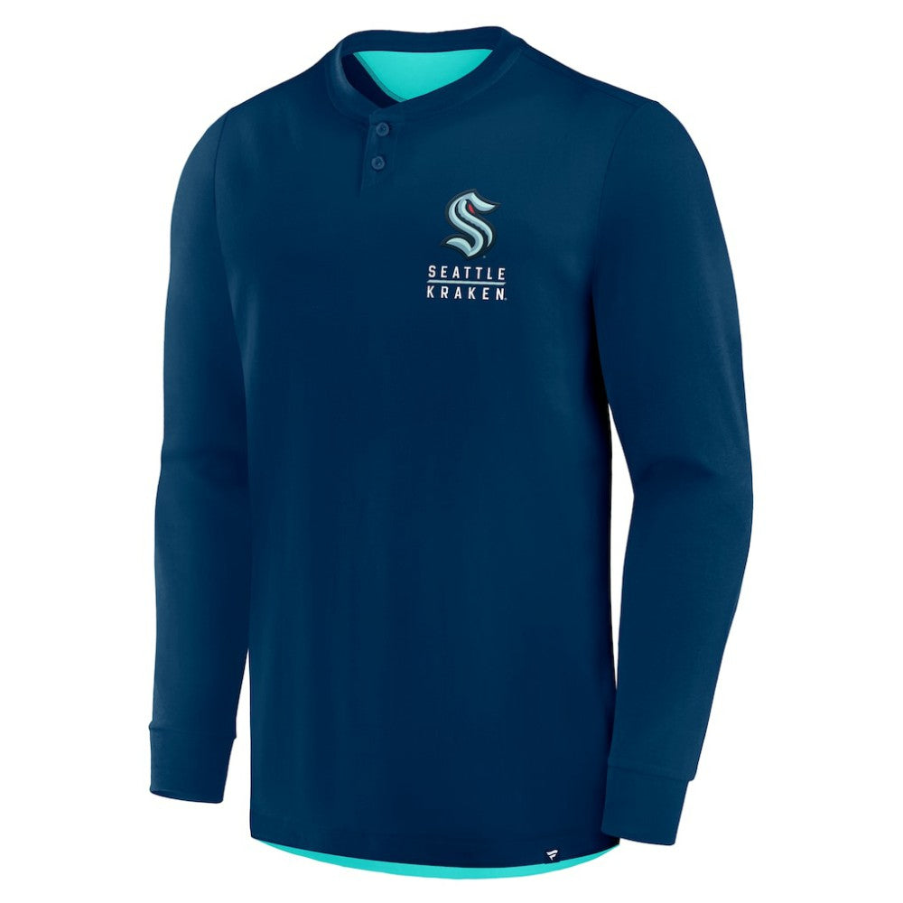 NHL Deep Sea Blue Seattle Kraken Fanatics Adrenaline Push Long Sleeve Henley Shirt