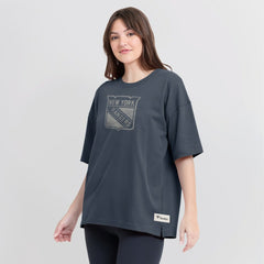 NHL Blue New York Rangers Fanatics Women's Oversized Elements Raw Edge Future Ground T-Shirt