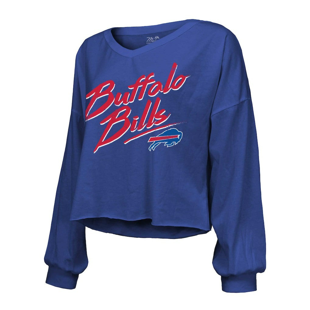 Keon Coleman  Majestic Threads Women's Name & Number Off-Shoulder Script Cropped Long Sleeve V-Neck T-Shirt - Buffalo Bills