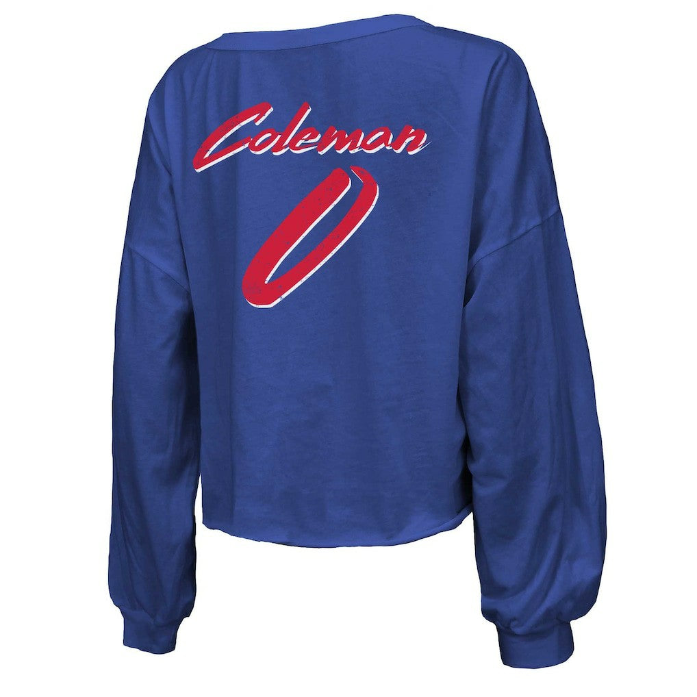 Keon Coleman  Majestic Threads Women's Name & Number Off-Shoulder Script Cropped Long Sleeve V-Neck T-Shirt - Buffalo Bills