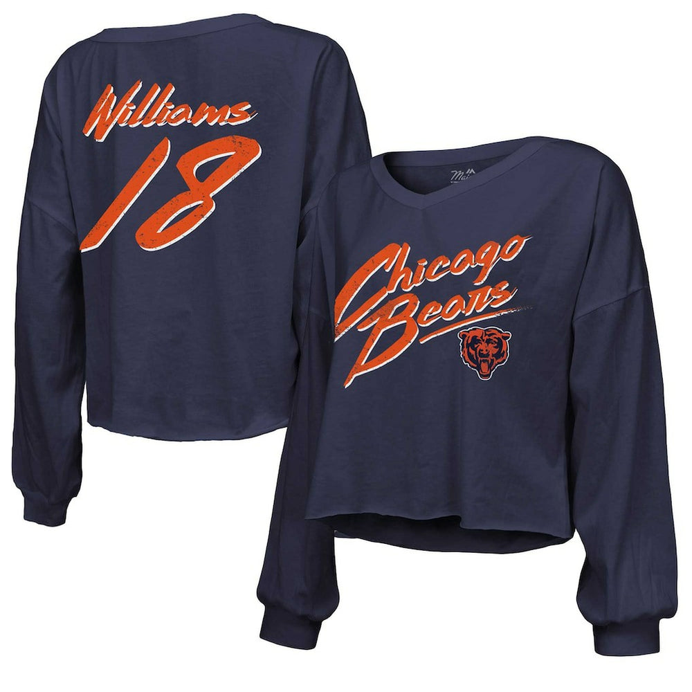 Caleb Williams  Majestic Threads Women's Name & Number Off-Shoulder Script Cropped Long Sleeve Relaxed V-Neck T-Shirt - Chicago Bears