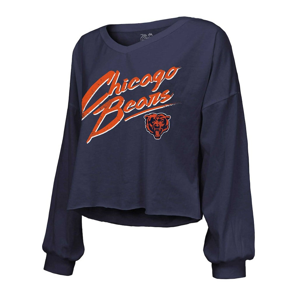 Caleb Williams  Majestic Threads Women's Name & Number Off-Shoulder Script Cropped Long Sleeve Relaxed V-Neck T-Shirt - Chicago Bears