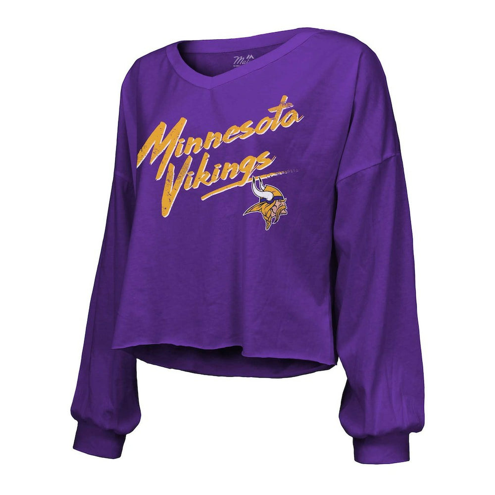 J.J. McCarthy  Majestic Threads Women's Name & Number Off-Shoulder Script Cropped Long Sleeve V-Neck T-Shirt - Minnesota Vikings