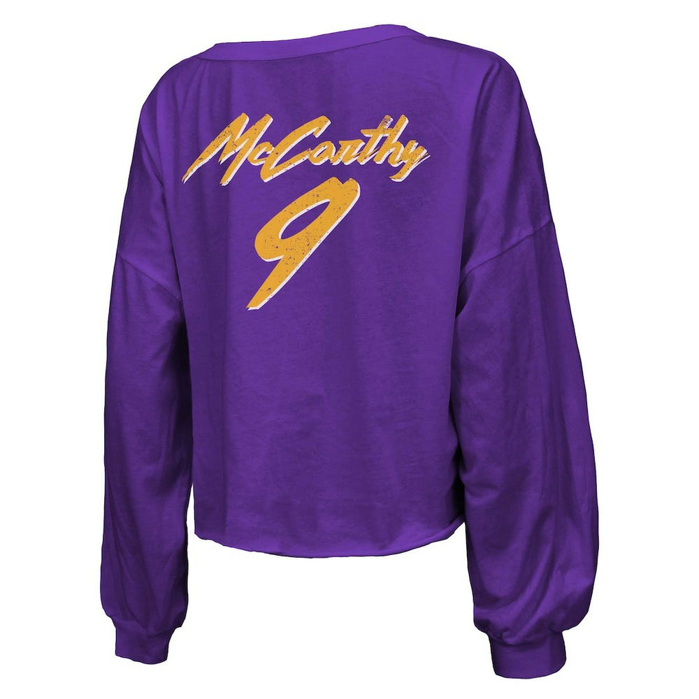 J.J. McCarthy  Majestic Threads Women's Name & Number Off-Shoulder Script Cropped Long Sleeve V-Neck T-Shirt - Minnesota Vikings