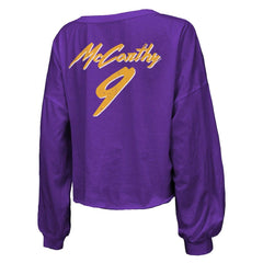 J.J. McCarthy  Majestic Threads Women's Name & Number Off-Shoulder Script Cropped Long Sleeve V-Neck T-Shirt - Minnesota Vikings