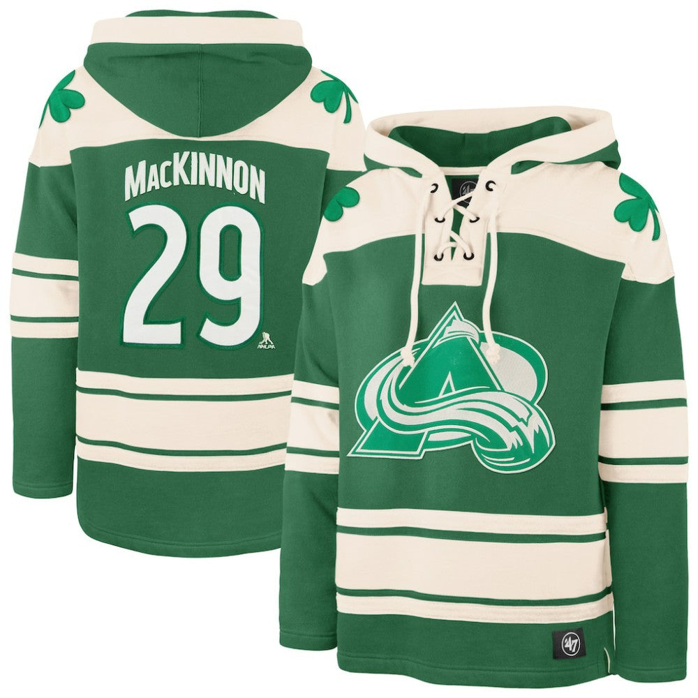 NHL Kelly Green Nathan MacKinnon Colorado Avalanche '47 St. Patrick's Day Player Name & Number Lacer Pullover Hoodie