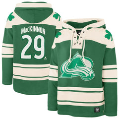 NHL Kelly Green Nathan MacKinnon Colorado Avalanche '47 St. Patrick's Day Player Name & Number Lacer Pullover Hoodie