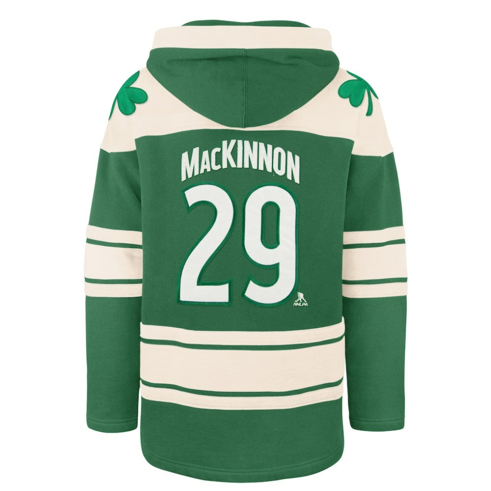 NHL Kelly Green Nathan MacKinnon Colorado Avalanche '47 St. Patrick's Day Player Name & Number Lacer Pullover Hoodie