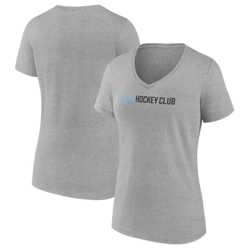 NHL Heather Gray Utah Mammoth Fanatics Women's Wordmark Logo V-Neck T-Shirt