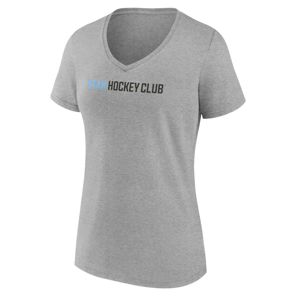 NHL Heather Gray Utah Mammoth Fanatics Women's Wordmark Logo V-Neck T-Shirt
