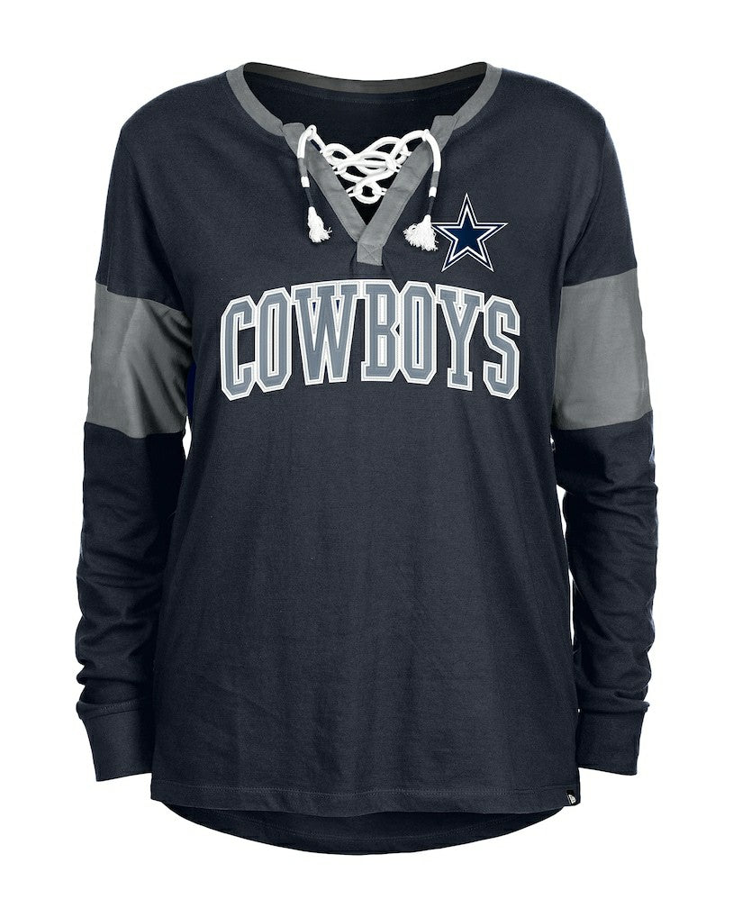 Women's Lace-Up Notch-Neck Long Sleeve T-Shirt - Dallas Cowboys