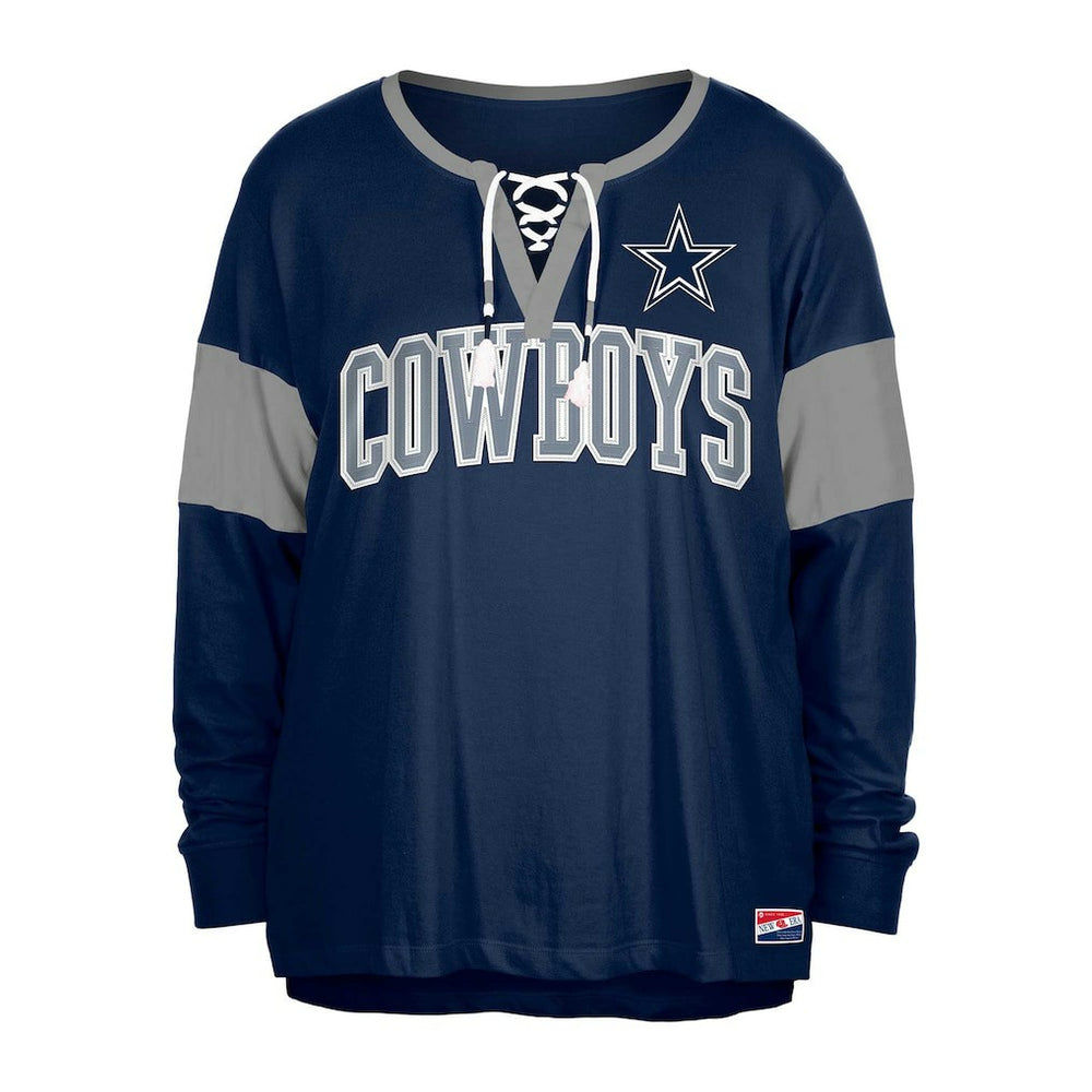 Women's Plus Size Lace-Up Notch Neck Long Sleeve T-Shirt  - Dallas Cowboys