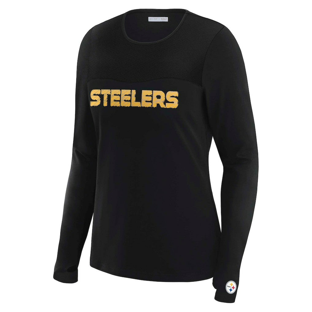 WEAR by Erin Andrews x Gracie Hunt Women's Mesh Panel Long Sleeve T-Shirt - Pittsburgh Steelers