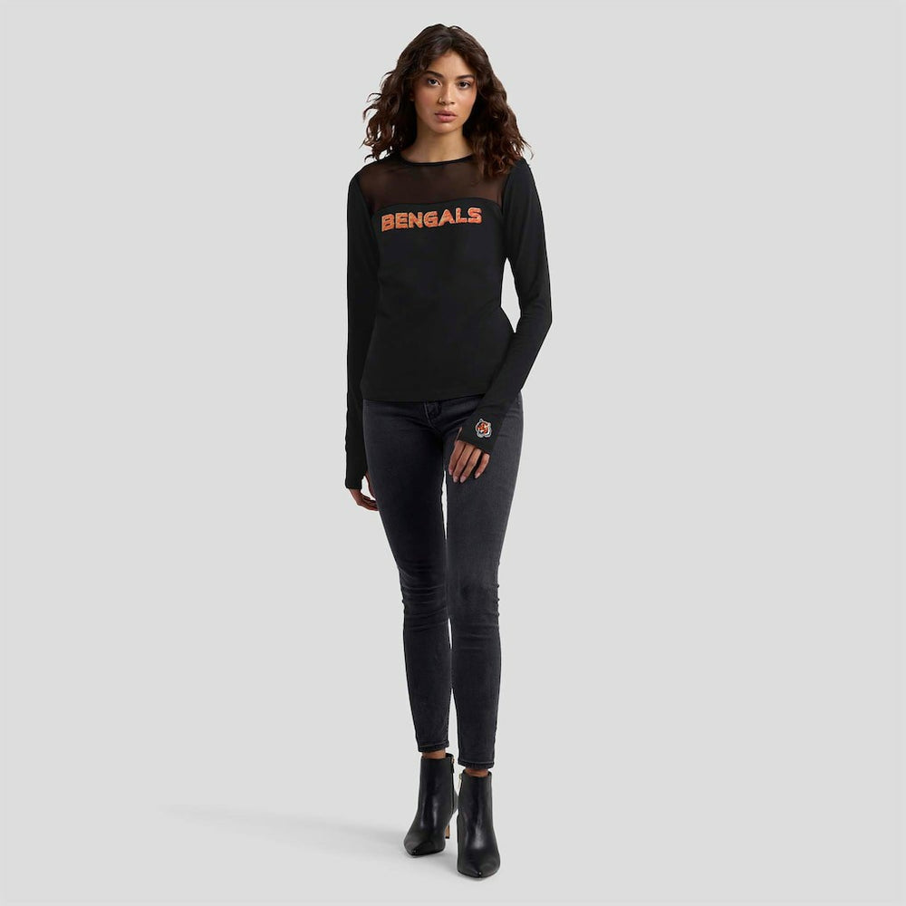 WEAR by Erin Andrews x Gracie Hunt Women's Mesh Panel Long Sleeve T-Shirt - Cincinnati Bengals