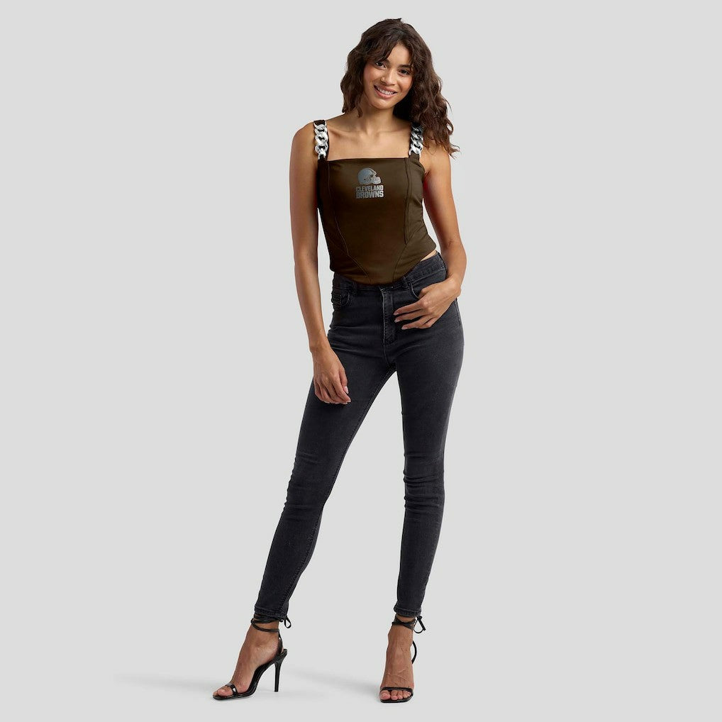 WEAR by Erin Andrews x Gracie Hunt Women's Chain Link Corset Top - Cleveland Browns