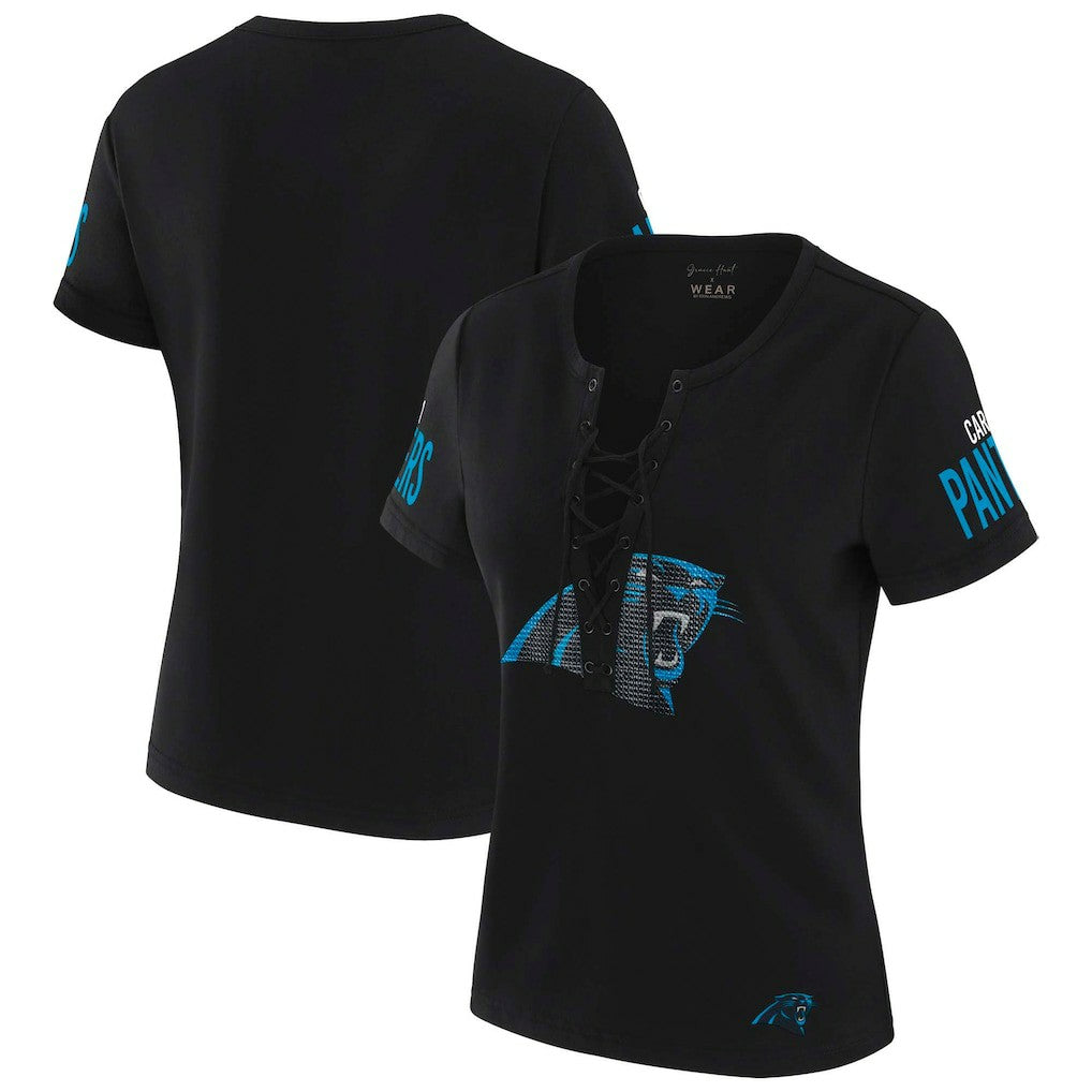 WEAR by Erin Andrews x Gracie Hunt Women's Draft Me Lace-Up T-Shirt - Carolina Panthers