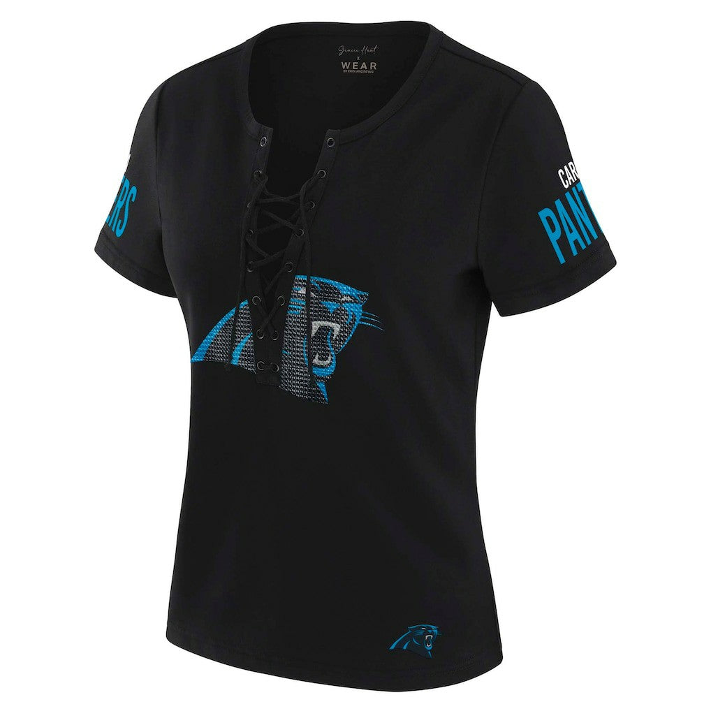 WEAR by Erin Andrews x Gracie Hunt Women's Draft Me Lace-Up T-Shirt - Carolina Panthers