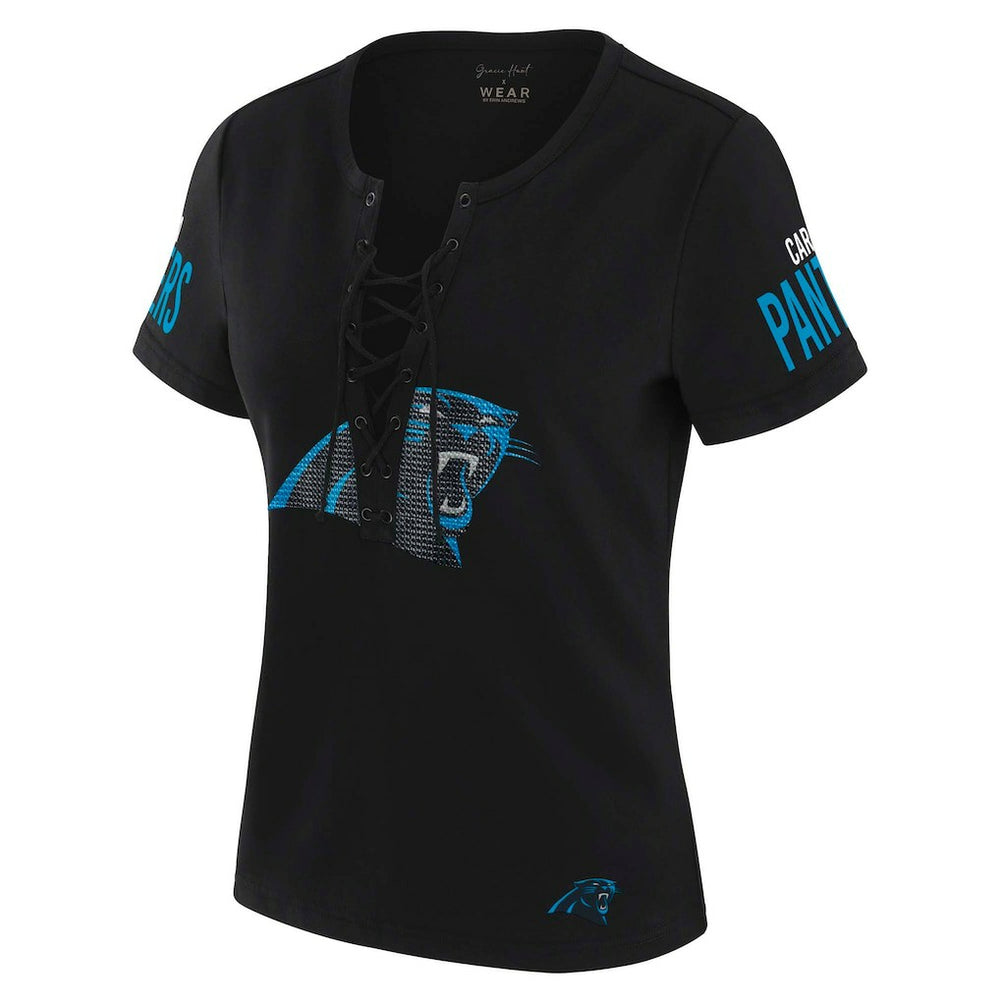WEAR by Erin Andrews x Gracie Hunt Women's Draft Me Lace-Up T-Shirt - Carolina Panthers