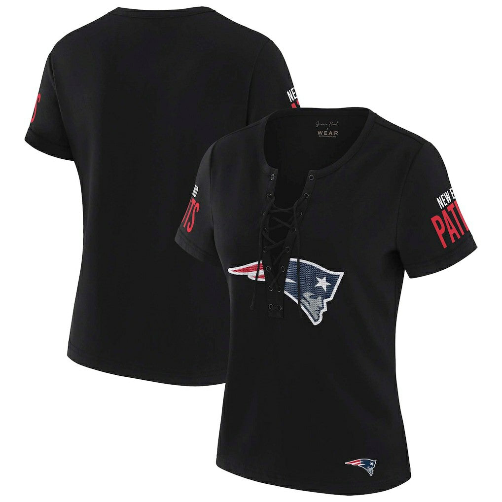 WEAR by Erin Andrews x Gracie Hunt Women's Draft Me Lace-Up T-Shirt - New England Patriots