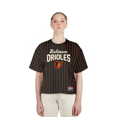 MLB Baltimore Orioles New Era Women's Cooperstown Collection Multiplier Pinstripe Cropped T-Shirt